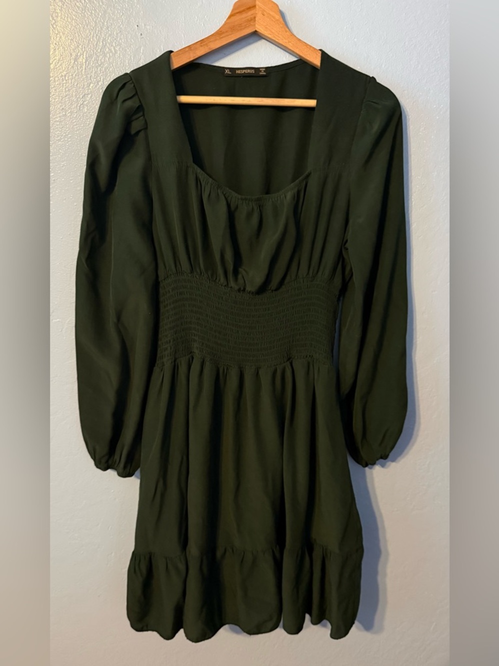 Hespera Smocked-Waist Dark Green Midi Dress with Puff Sleeves